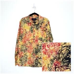 Pete Huntington Long Sleeve Button Up Orange Batik XL EUC Cotton Vacation Beach